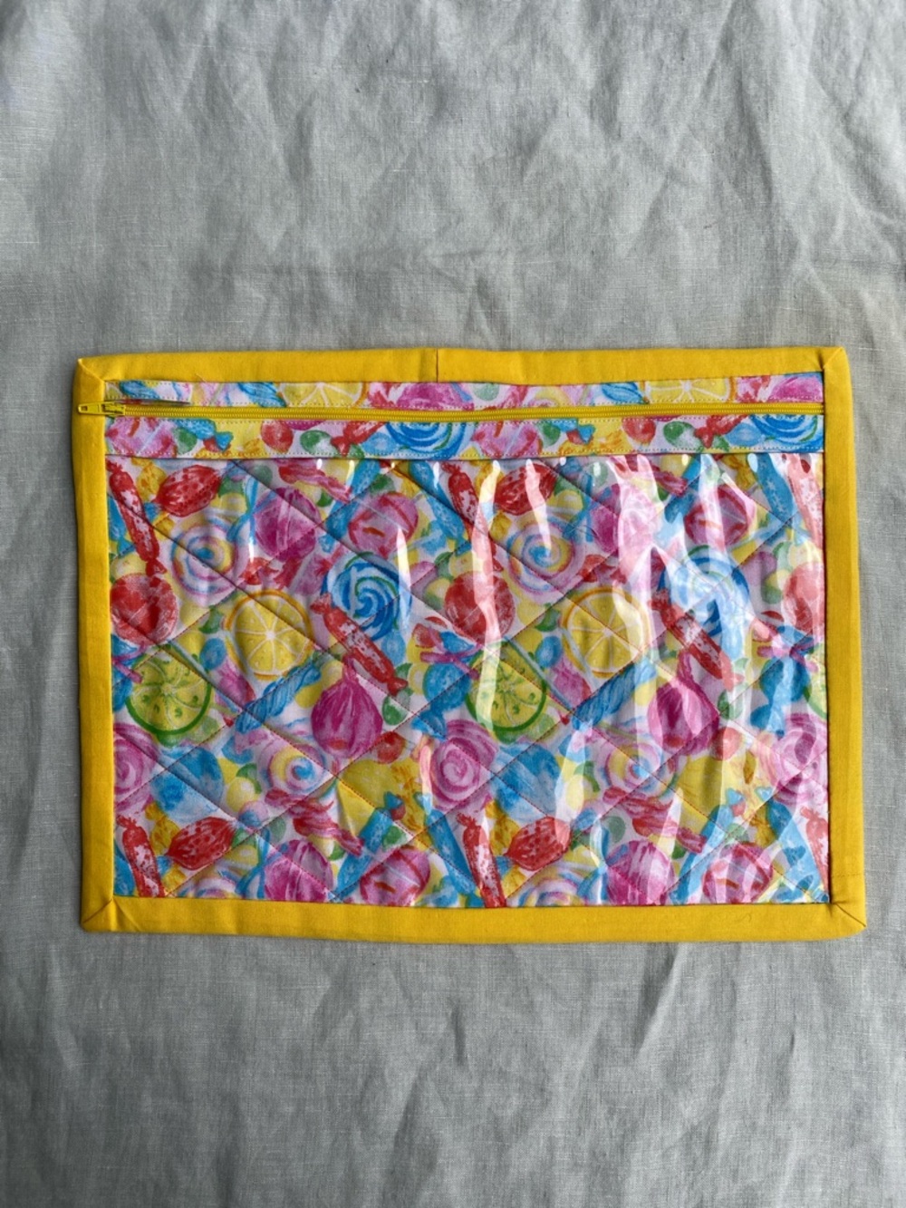 14” x 10.5” colorful candies cross stitch vinyl front hand made project bag